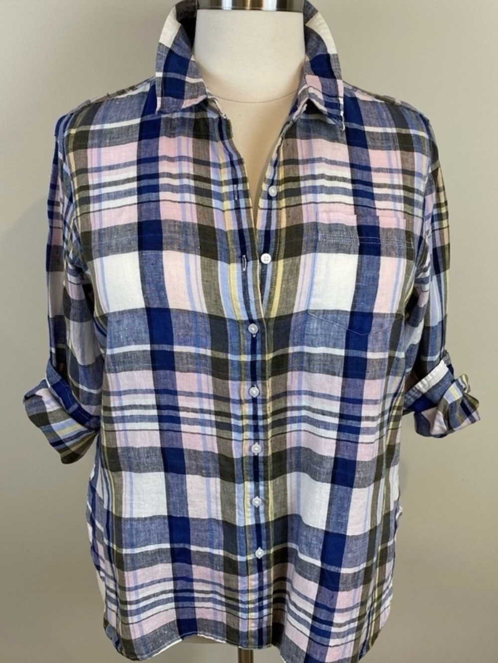 L.L. Bean Womens Plaid Washable Linen Button Up Shirt Sz 1X Long Sleeves Classic